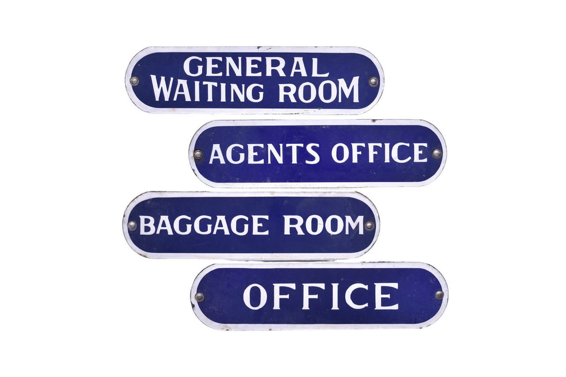 Four Porcelain Railroad Signs - General Waiting Room, Agents Office, Office and Baggage Room: Four 10" by roughly 2 11/16" porcelain signs. Porcelain retains its gloss and is broadly intact on all four signs. Agents Office has a small chip off the top edge, and General Waiting Room has some gr