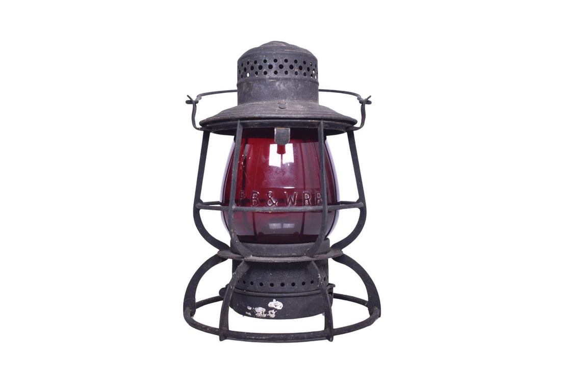 Armspear Philadelphia Baltimore & Washington Railroad Lantern w/ Red Flashed Cast Globe: Armspear lantern with PB&W RR embossed on the shoulder. Chimney top has four holes and a couple small dents. Frame is otherwise in good shape with strong joints and very little rust. Burner pot and fo