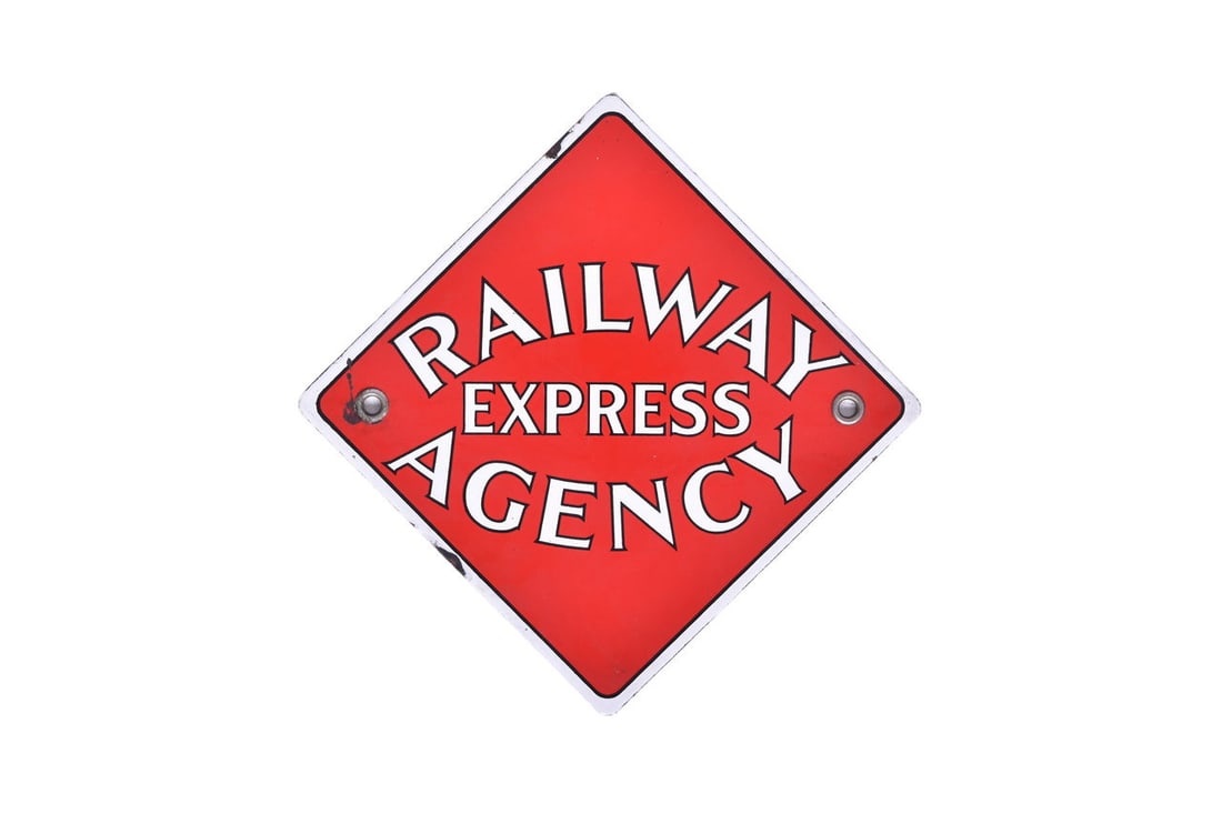 Porcelain Railway Express Agency Baggage Cart End Sign: Sign measures 8" by 8" and is a single sided porcelain sign which was attached to the end of the baggage car. The plate is clean with a nice field and good gloss. Minor chipping around the edges. Both