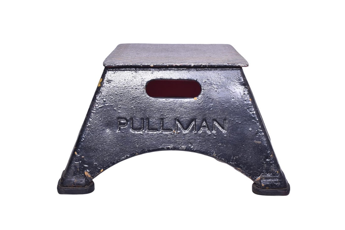Pullman Stamped Passenger Car Step Box: Step box measures 20 1/2" x 18 1/2" x 11". Box has been repainted in black with a bare gray top and a red underside. One side of the box is stamped Pullman below the handle. The original yellow paint 