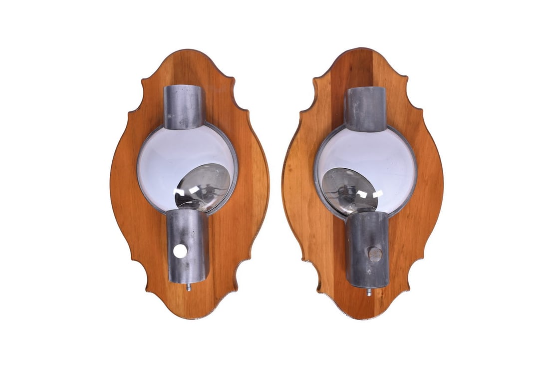 Pair of Pullman Passenger Car Reading Lights: Twin Pullman lights for reading in passenger cars. Each light has been mounted on a wooden plaque, with its wiring pigtail laid flat against the back of the board. Both lights have their outer metal f