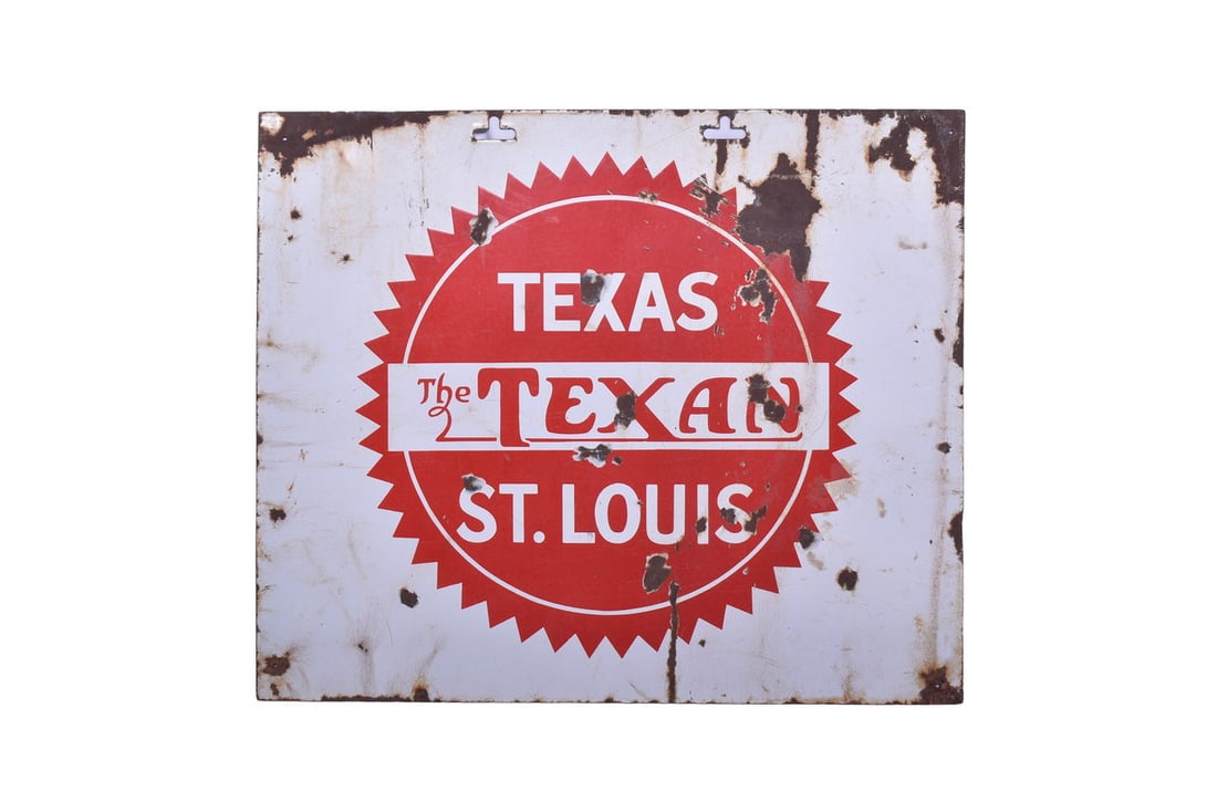 Missouri Pacific "The Texan" Single Sided Porcelain Sign: WOW! This is a tough SSP created for the Missouri Pacific "The Texan" passenger train which ran between Fort Worth Texas and St. Louis, Missouri. The sign measures 24 1/2" x 20 1/2" approximately. I s