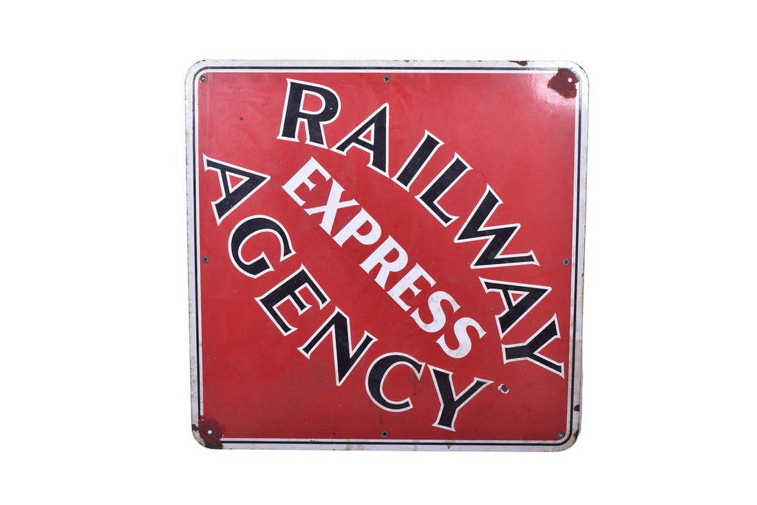 36" Porcelain Railway Express Agency Sign: 36" square single sided porcelain Railway Express Agency sign. Sign has two roughly 3" spots of porcelain damage surrounding the two mounting points at the top and bottom of the diamond, as well as on