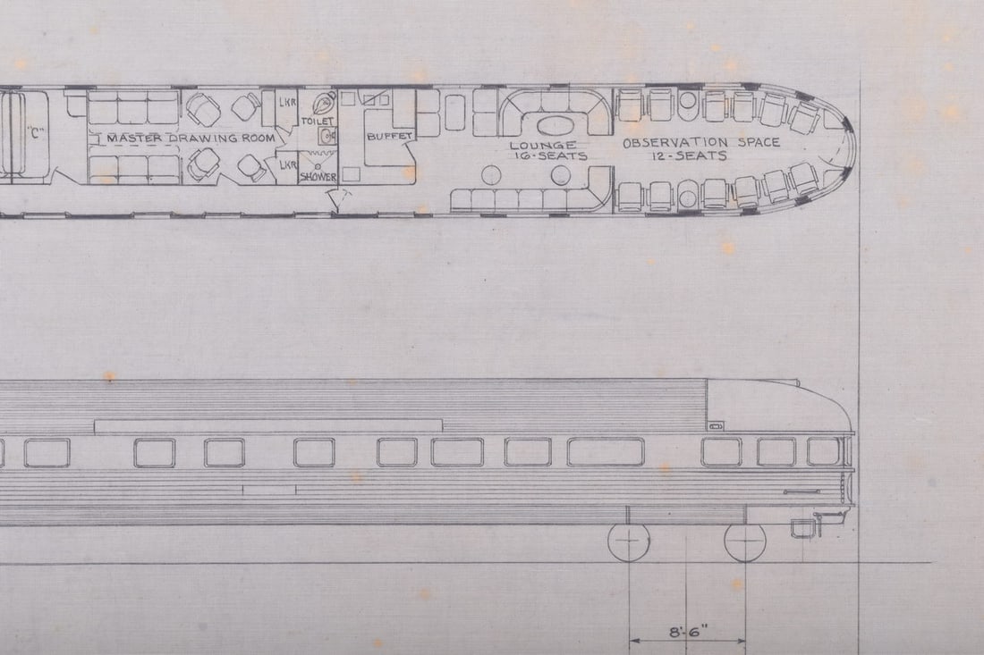 Original Budd Company Drawing for 1945 Texas & Pacific Railway 9 Car Streamlined Passenger Train Set (1 of 5)