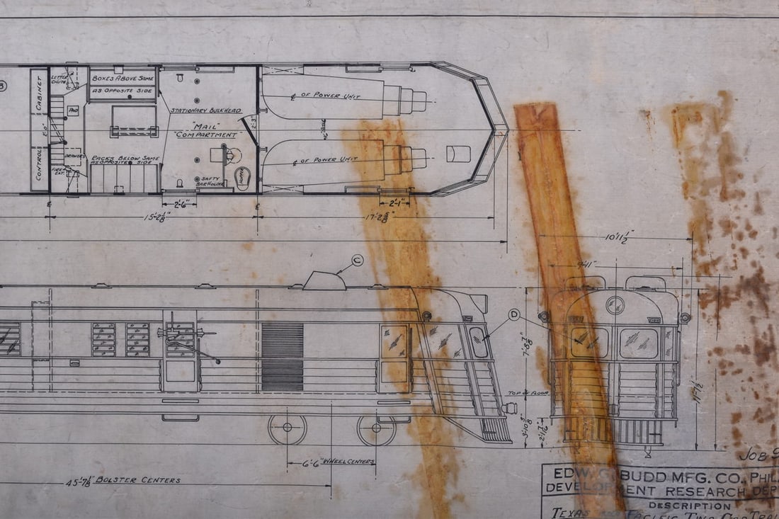 Original Budd Company Drawing for 1933 Texas & Pacific Railway Two Car Train Set (1 of 4)