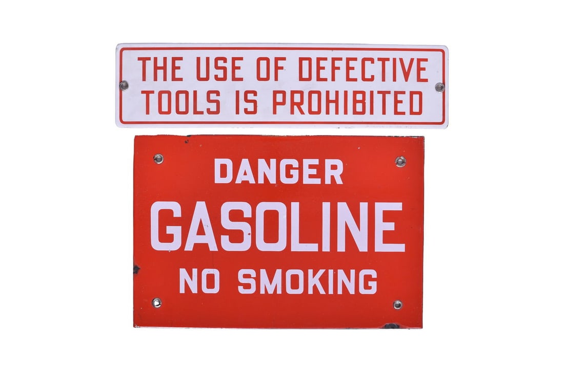 Pair of Porcelain Railroad Signs - Defective Tools Prohibited and Gasoline No Smoking (1 of 2)