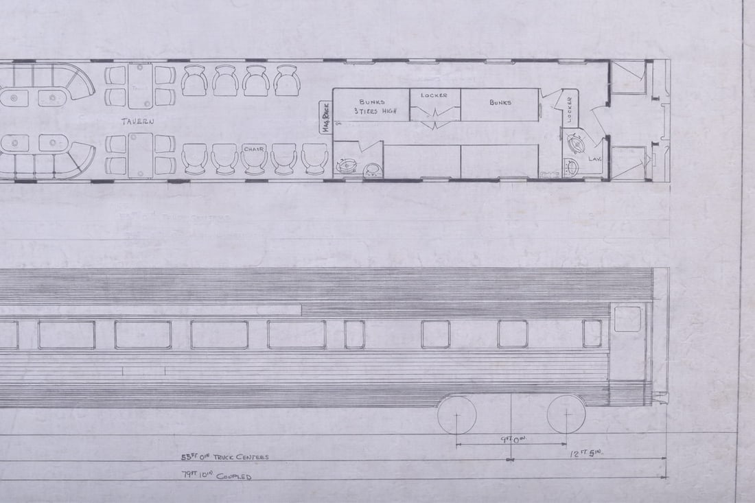Original Budd Company Drawing for 1940 Western Pacific Railroad 29 Passenger Tavern - Dormitory Car (1 of 3)