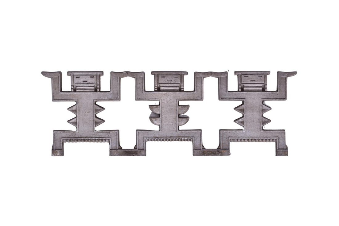 Santa Fe Railroad El Capitan Fred Harvey Dining Car Zuni Figure Interior Trim: A 14" x 4 3/4" cast metal Zuni Figure trim piece that would have been housed in a Santa Fe El Capitan dining car circa 1940s. The trim sat inside a mounting track above the windows of the Fred Harvey 