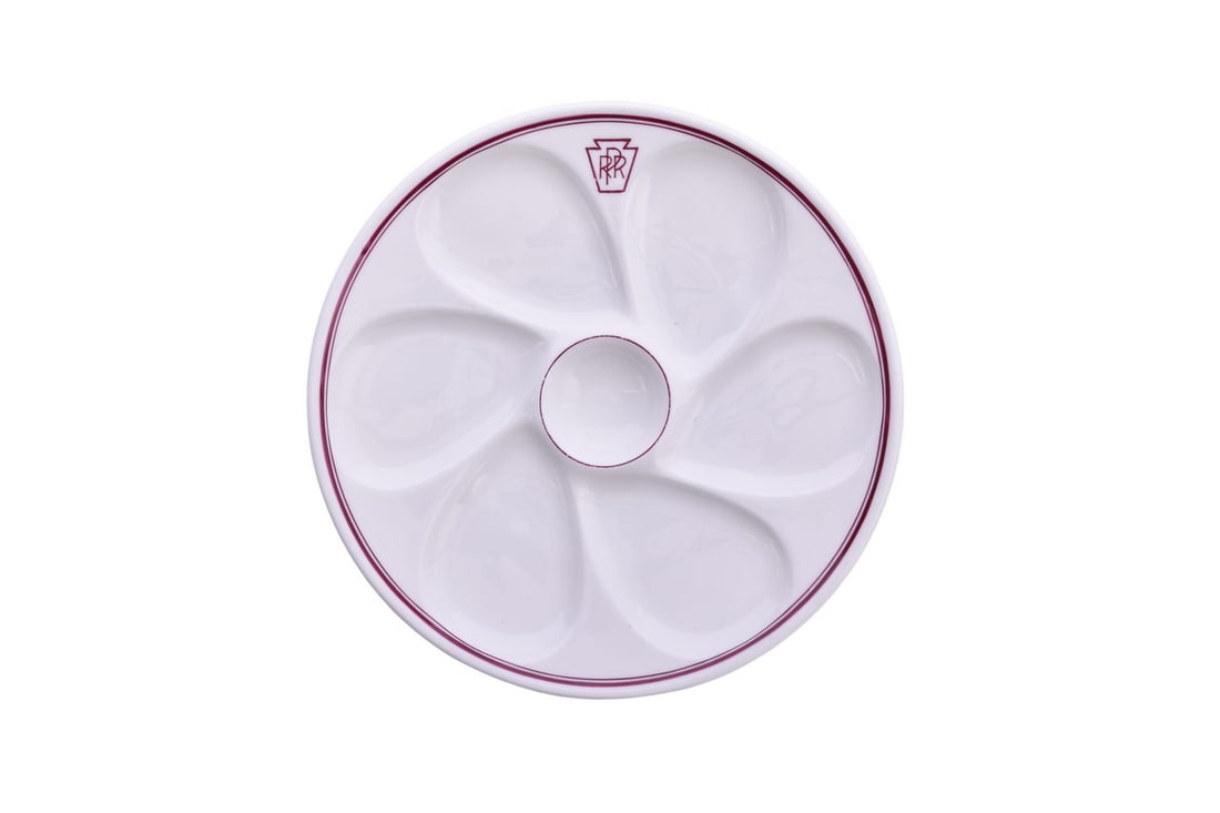 Cauldon Pennsylvania Railroad Keystone China Oyster Plate: An 8 7/8" dining car china oyster plate with 6 wells and center sauce for Pennsylvania Railroad in the Keystone pattern with red or dark magenta detail, top marked with PRR keystone and bottom stamped
