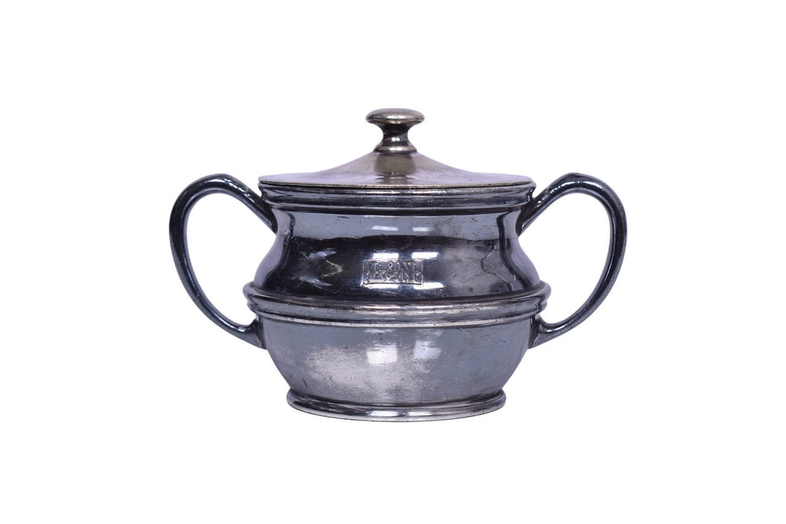 Reed & Barton Louisville and Nashville Railroad Silver Sugar Bowl w/ Lid 8 Oz: Double handled sugar bowl with lid, side marked with the L&N box logo and bottom stamped Reed & Barton Silver Soldered 345 8 OZ L&N. Measures 5 1/4" at the handles and 3 1/4" tall. Shows general use w