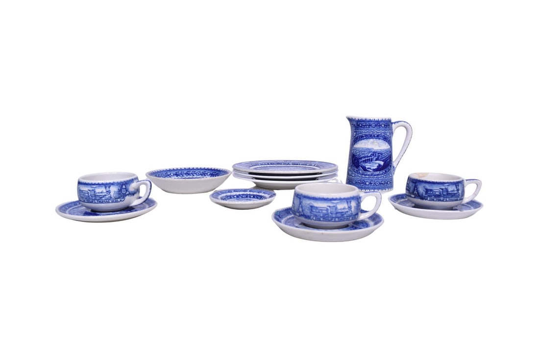 Group of Baltimore and Ohio Railroad China Centenary Hot Chocolate Pot, Cups, Saucers, Fruit Bowl,: Twelve pieces of dining car china for the B&O Railroad in the Centenary pattern by Scammell's Lamberton, all bottom stamped with the 1827 1927 capitol logo. Includes a 4 1/2" tall hot chocolate pot, m