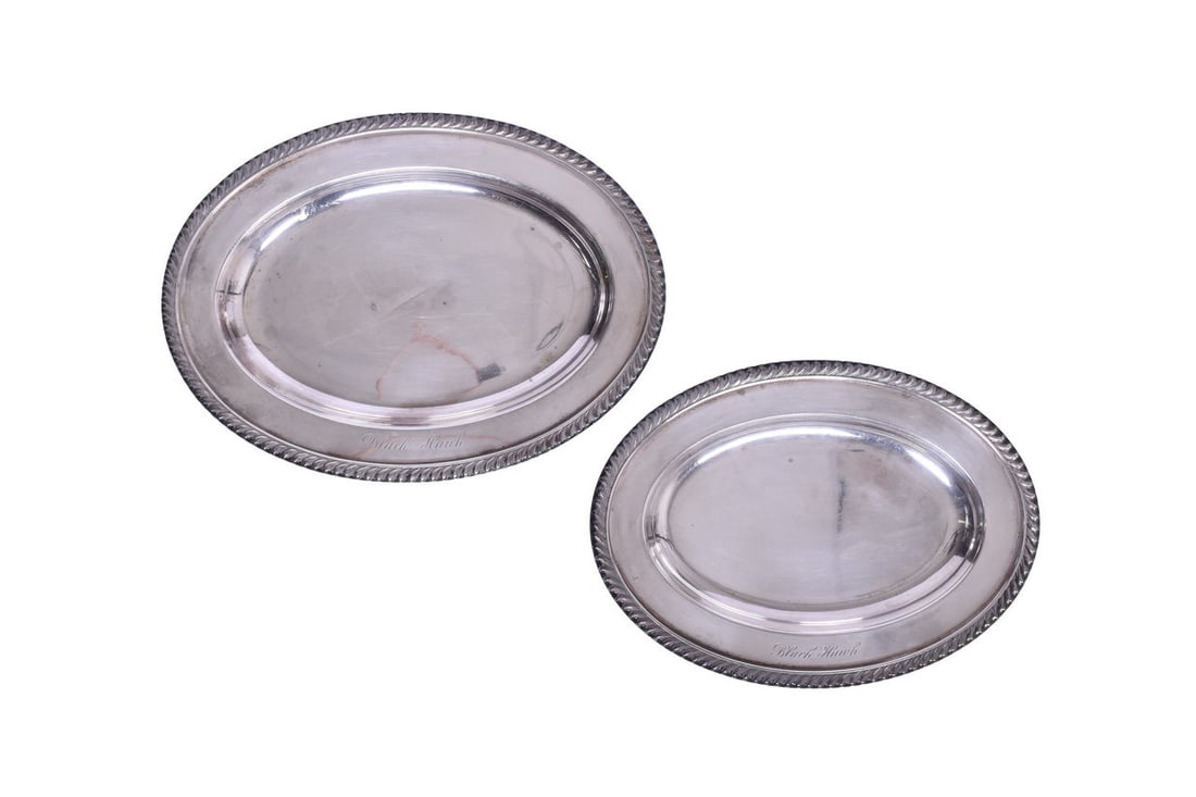 Pair of Gorham Chicago Burlington & Quincy Railroad Black Hawk Silver Oval Platter Plates (1 of 4)