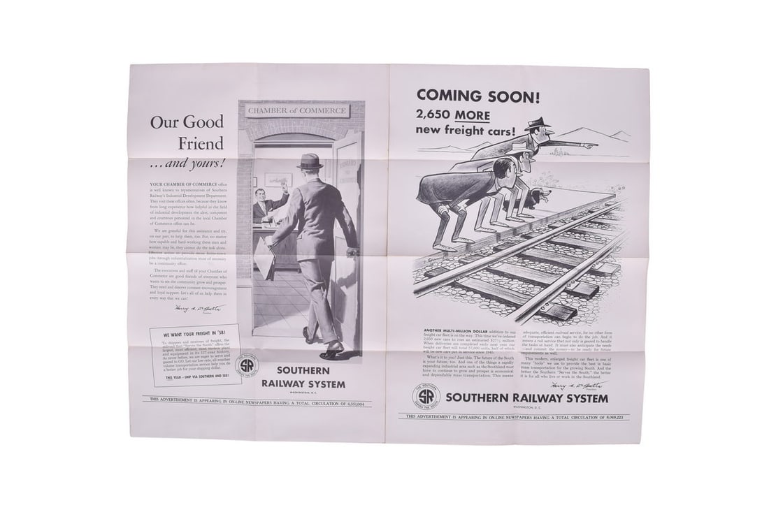 Pair of Southern Railway Advertisement Posters - 1950s: Two posters for Southern Railway, one touting the Chamber of Commerce connections, the other an increase in freight cars. At least one poster has a reference to the year 1958. Posters each measure 32"