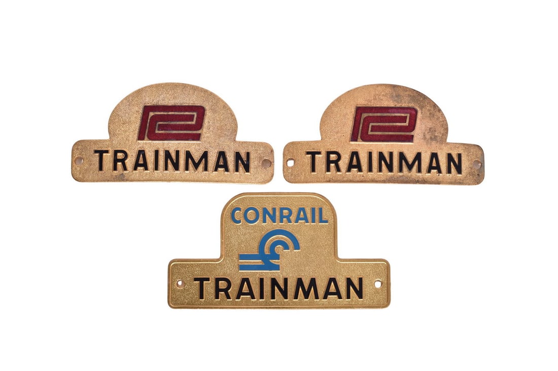 Three Brass Railroad Trainman Cap Badges - Conrail and Penn Central (1 of 2)