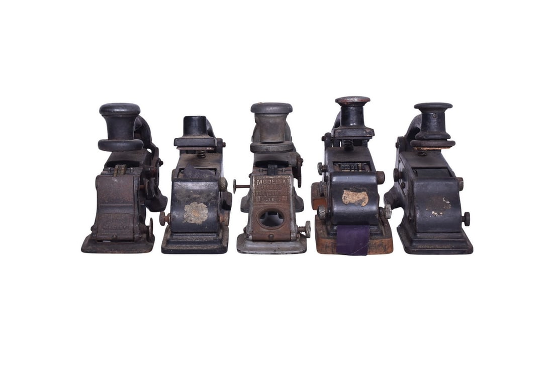 Five Railroad Ticket Daters - Centennial: Five railroad ticket daters, no dies. Includes a Model A Centennial, a Centennial, a Cosmo, a dater with a sticker on the side reading Economy Rubber Stamp Co., and a dater marked S P 148 on the