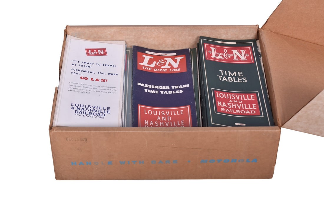 Seventy-Five Louisville and Nashville Railroad Public Timetables - 1915 to 1970: Roughly 75 public timetables for Louisville and Nashville, with the lion's share coming from the 1930s and '40s. Timetables are in good condition with mild wear, mainly along the spine / fold line.