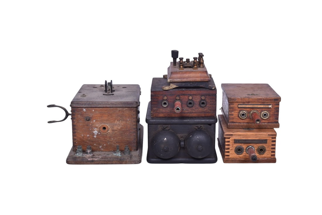 Five Telegraph / Telephone Communication Equipment Boxes - American Bell Telephone Co., Sandwich: Five pieces of telephone / telegraph communication equipment, including two dispatch boxes stamped 385B, a Sandwich Electric Company dispatch box, a ringer box, the wooden box of a Type 2 telephone