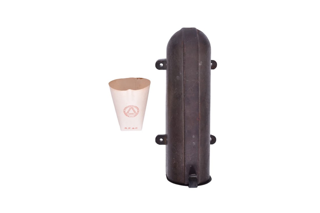 Richmond Fredericksburg and Potomac Railroad Ajax Cup Dispenser: 9 1/4" tall paper cup dispenser with about 6 paper cups left inside. Each cup is printed with the Richmond Fredericksburg & Potomac Richmond Washington Line triangle emblem on the front and Ajax on