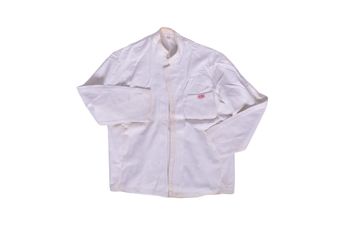 Pullman Waiter's Coat / Jacket: White waiter's coat / jacket with a Pullman tag sewn on the breast pocket. Size is marked 44-P, with no other maker's tags or information. Some mild wear along the edges of the jacket, a couple mended