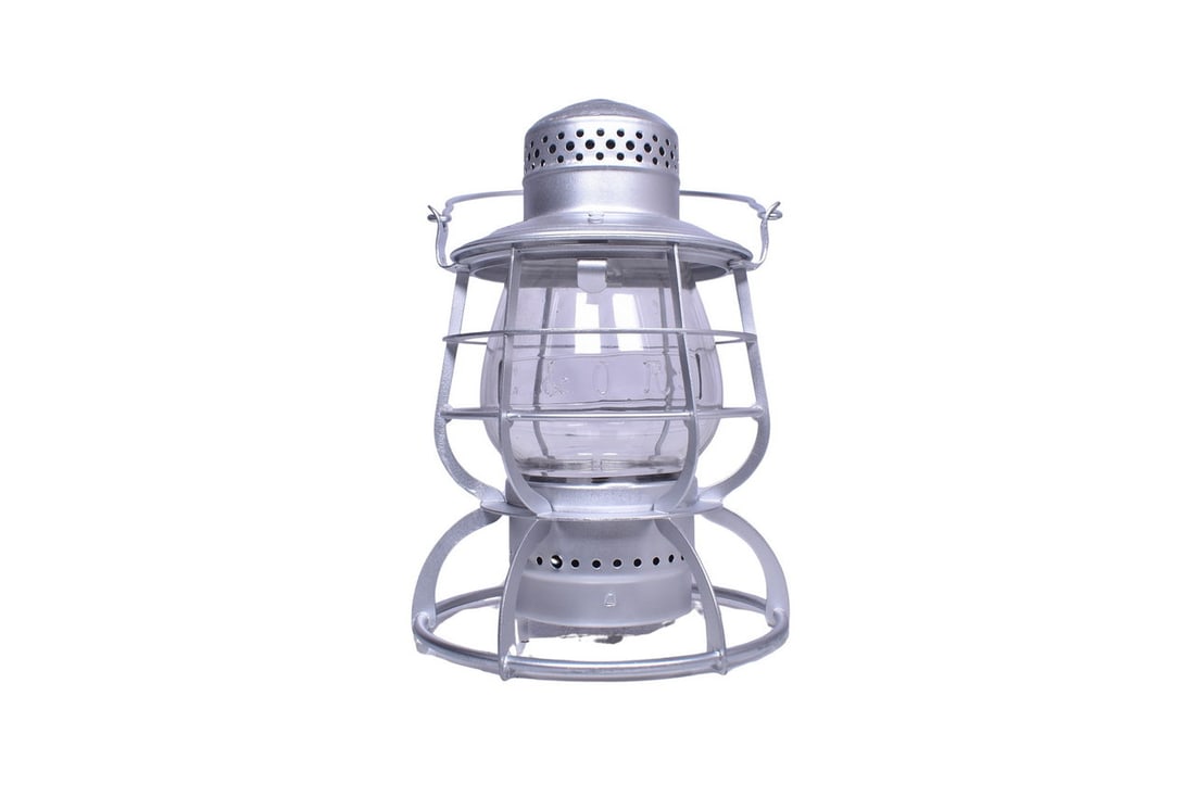 Restored Armspear Chesapeake and Ohio Railway Railroad Lantern: Armspear lantern with C&O RY embossed on the shoulder. Latest patent date stamped into the chimney top reads Oct. 22 '89. Frame has been recently repainted silver with black lettering, and is in good