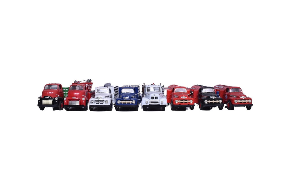 Eight diecast truck models by First Gear, Inc. Includes trucks for Grapette, Pepsi-Cola,: Eight diecast truck models by First Gear, Inc. Includes trucks for Grapette, Pepsi-Cola, Motorcraft, Mobil Gas, Skelly, H.T. Randall Lumber, Hubbard Auto Center, and Santa Barbara County Fire Dept. No