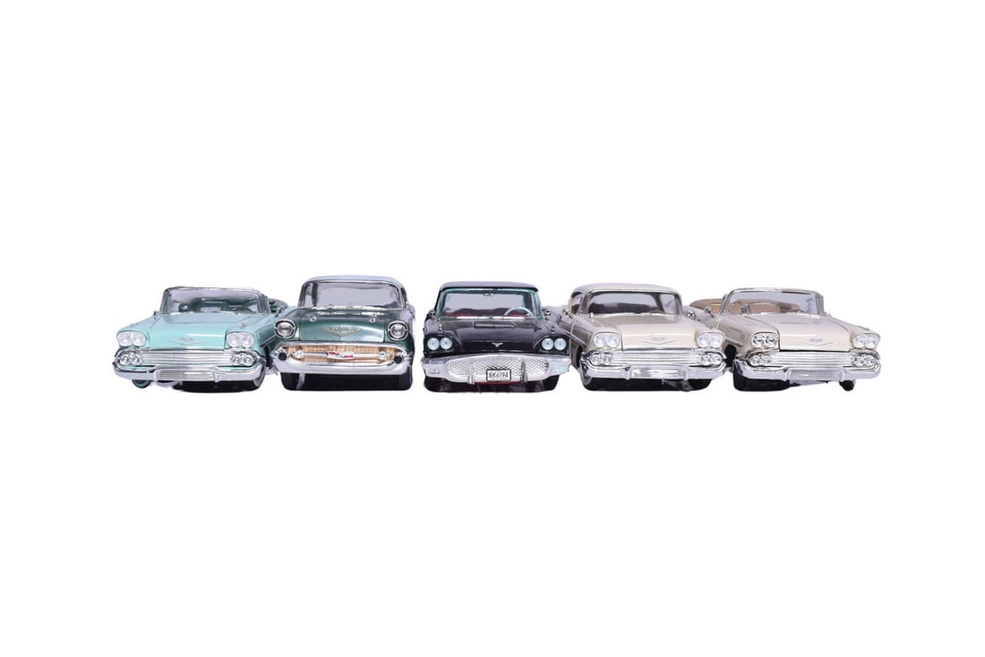 Five roughly 1:25 scale models with no maker's marks on the bottom. Includes three Chevy Impalas, a (1 of 5)