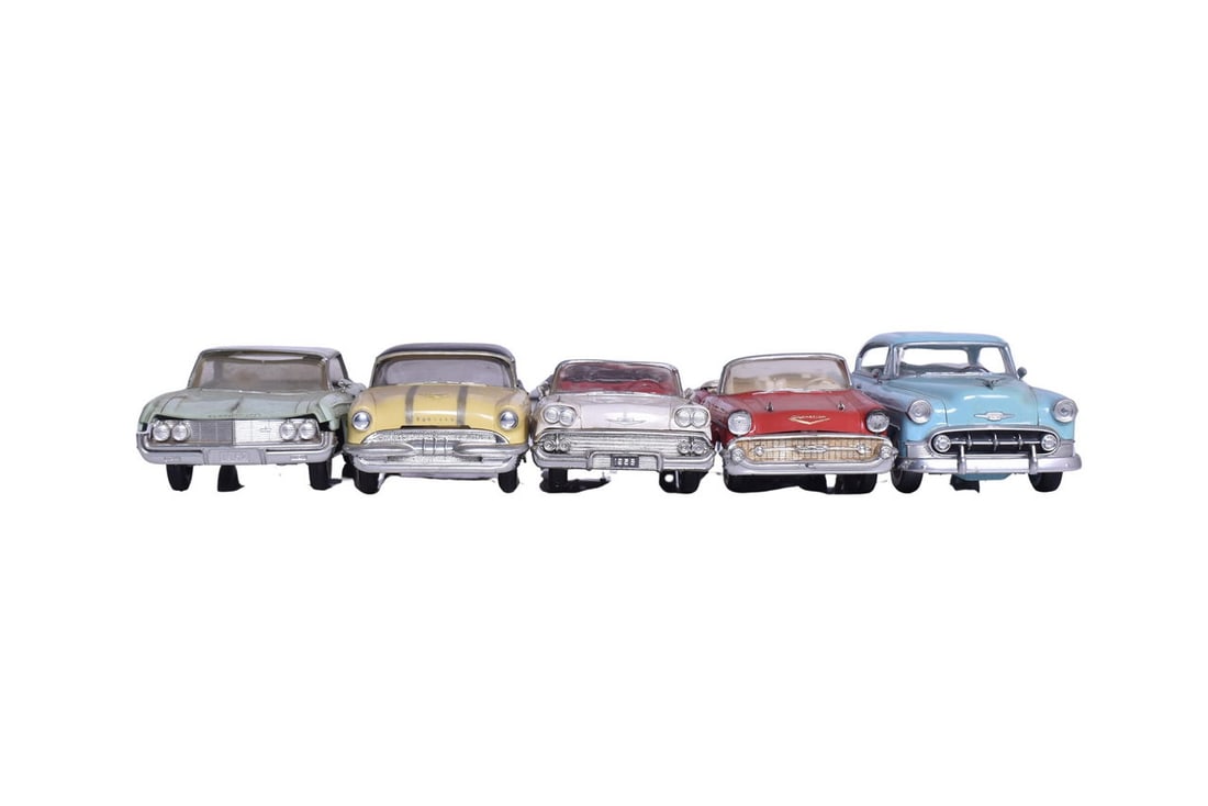 Five roughly 1:25 scale model cars, three known / suspected Jo-Han Models, one S.M.P., and one (1 of 5)