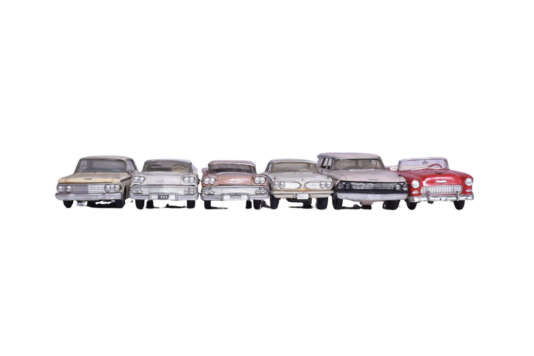 Six dealership promotional models, each with a year in place of their license plates. Includes 1955: Six dealership promotional models, each with a year in place of their license plates. Includes 1955 Chevy Bel Air, 1962 Ford Country Sedan, 1961 Pontiac Tempest, 1958 unidentified, 1958 Chevrolet Impa