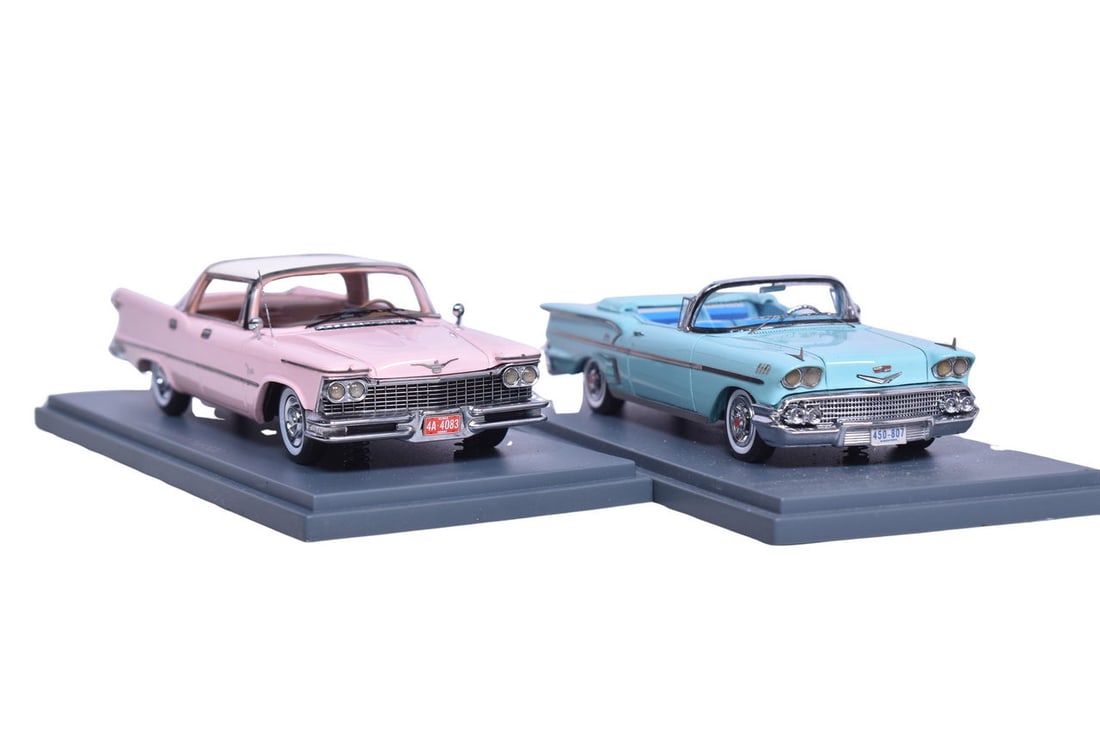 Two NEO Scale Models resin 1:43 scale models: Imperial Crown 4-door Southampton in pink and white: Two NEO Scale Models resin 1:43 scale models: Imperial Crown 4-door Southampton in pink and white and Chevrolet Bel Air Convertible. Cars come with original plastic display case, like new condition.