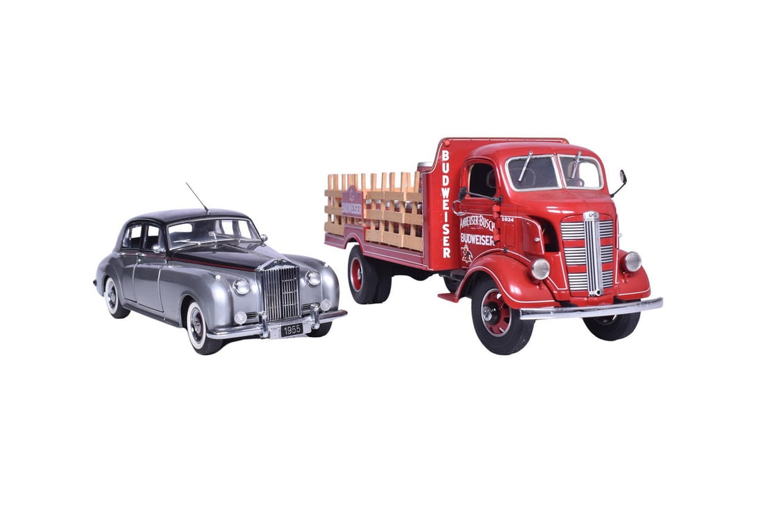 Two 1:24 scale diecast models: a 1938 Budweiser keg truck by Danbury Mint and a 1955 Rolls Royce by (1 of 3)