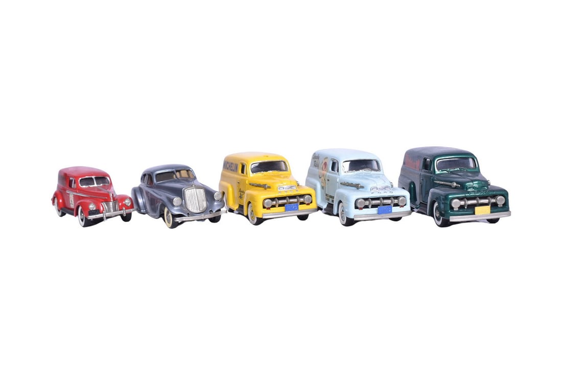 Five 1:43 scale diecast Brooklin Models cars, including four 1940s/50s Ford Delivery trucks and a (1 of 5)