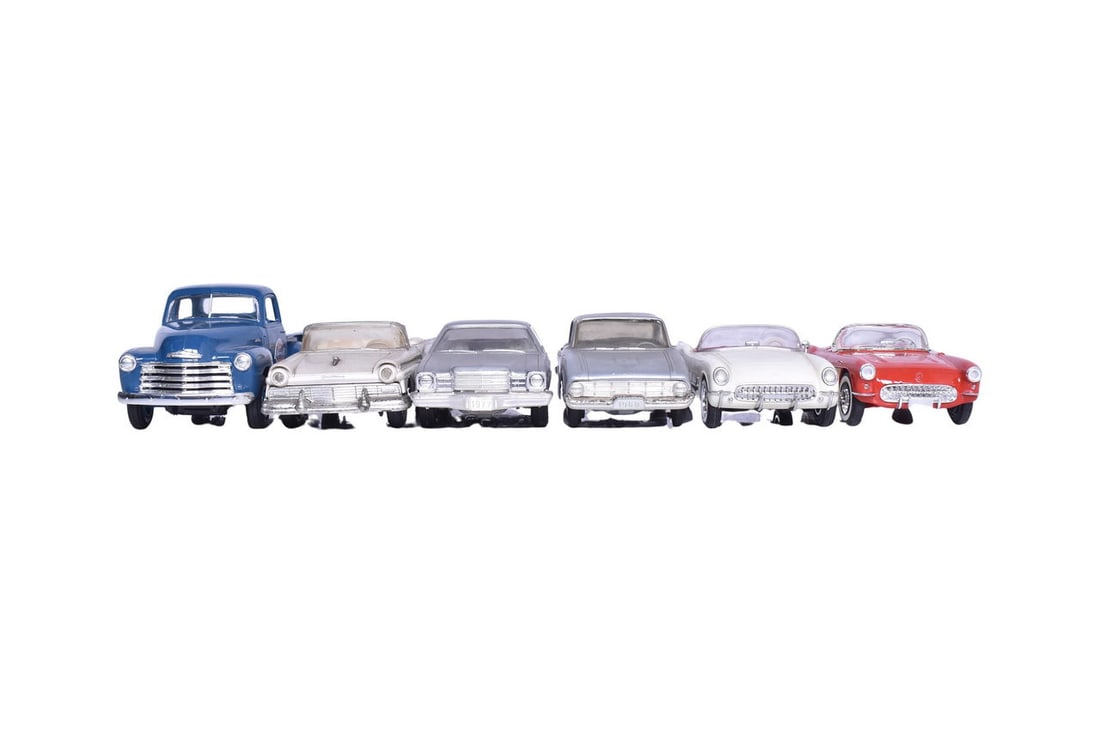 Six dealership promotional models: 1963 Chevrolet Corvette, 1958 Chevrolet Corvette, 1977 Plymouth (1 of 5)