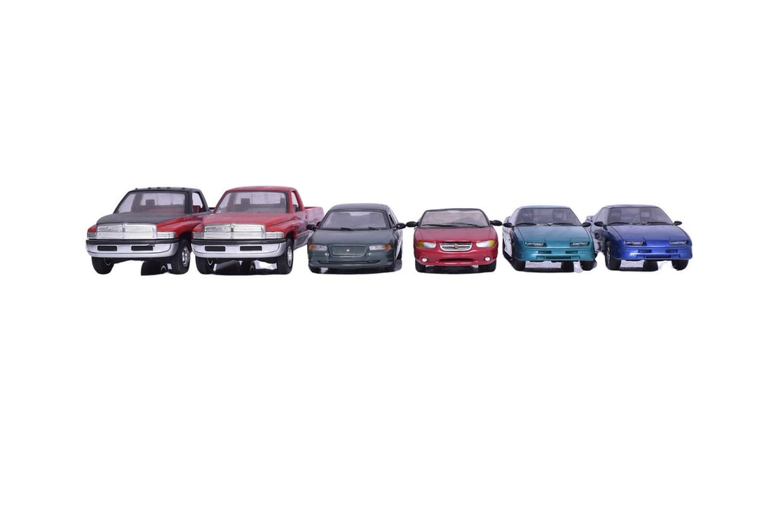 Six dealership promotional models: two Chryslers (1997 Sebring JXi and undated Cirrus LXi), two 1991 (1 of 5)