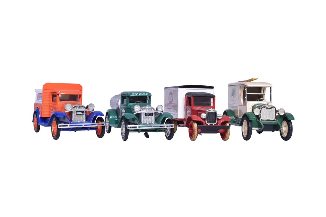 Two each of ERTL and Liberty Classics model truck coin banks, including a 1923 Chevrolet, a 1931 (1 of 5)