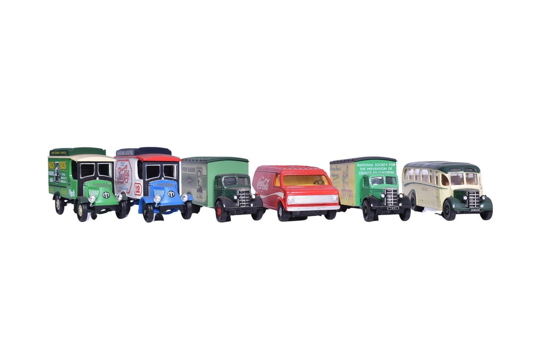 Six model vans by Corgi, including two Bedford 'O' series vans, a Bedford O.B. coach, a Chevy van, (1 of 5)