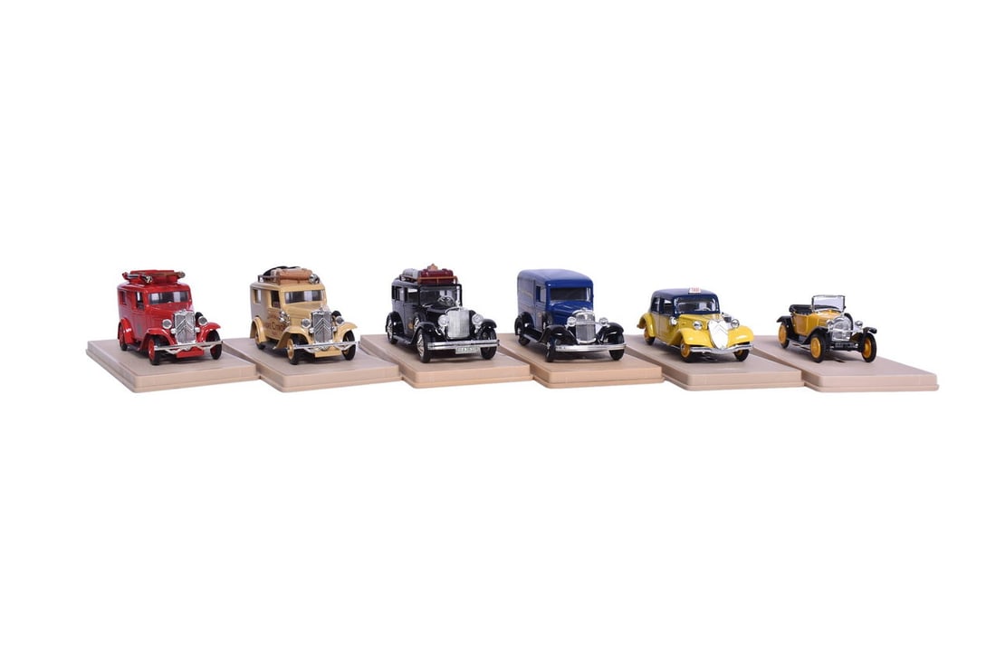 Six Eligor models, including 1931 Mercedes Taxi, 1932 Ford, 1938 Citroen Berline, 1923 Citroen CV,: Six Eligor models, including 1931 Mercedes Taxi, 1932 Ford, 1938 Citroen Berline, 1923 Citroen CV, and two Citroen 500. All come with original plastic display cases, like new condition