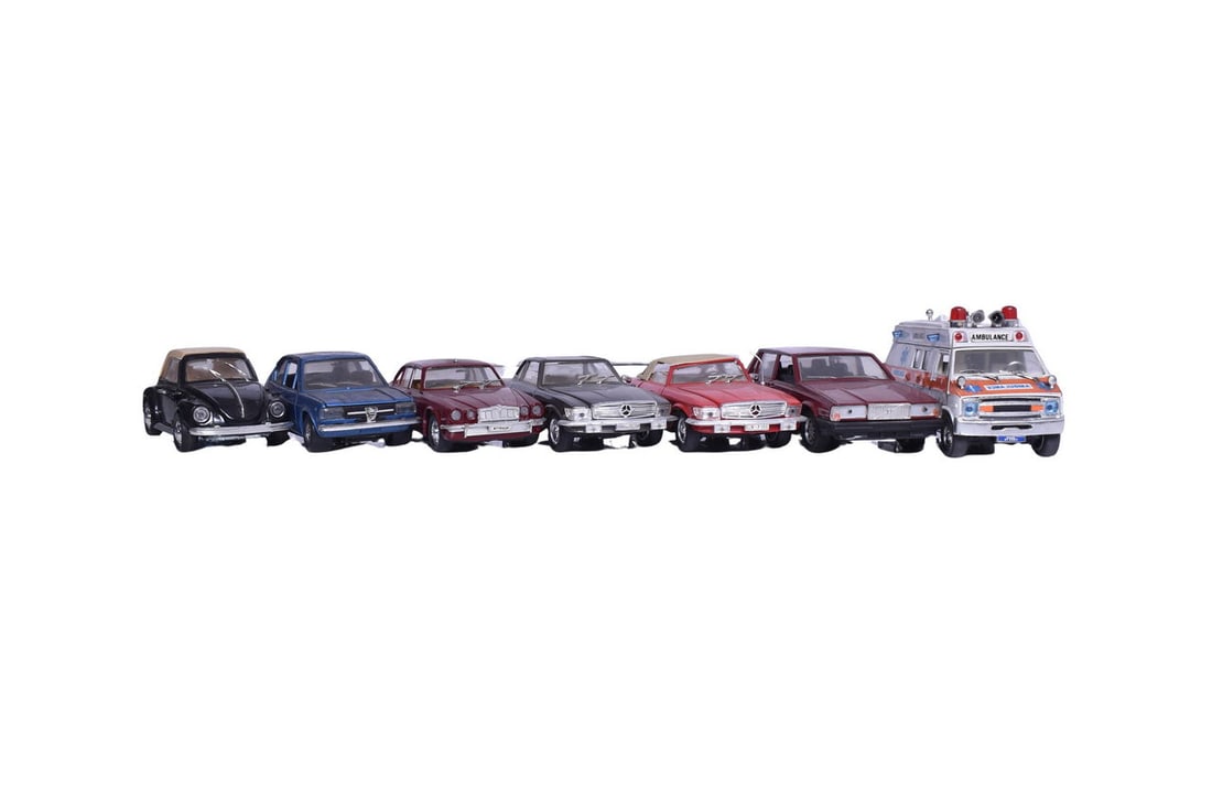 Seven 1:25 scale Polistil model cars, including two Mercedes-Benz, Volvo, Jaguar, Alfa Romeo, (1 of 6)