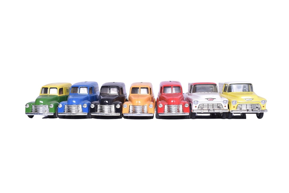 Seven ERTL model car coin banks. Two missing their bottom covers / stoppers, three missing their (1 of 6)