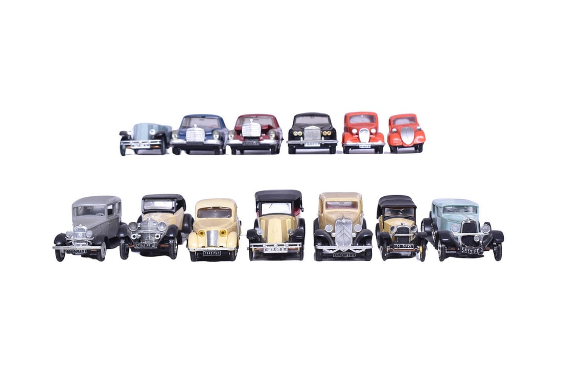 Thirteen 1:43 scale 1920s & 30s Norev model cars, including Panhard, two Peugeot, three Renault, (1 of 4)