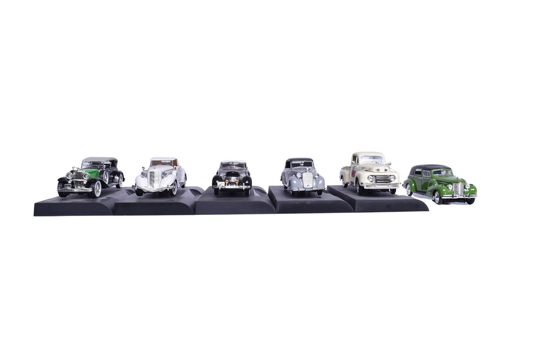 Six Signature Models cars from the 1930s-1950s. Includes a 1938 Fleetwood, 1937 Cord 812, a 1935: Six Signature Models cars from the 1930s-1950s. Includes a 1938 Fleetwood, 1937 Cord 812, a 1935 Auburn 851, a 1934 Duesenberg, a 1949 Ford F-1 Pickup, and a 1950 Mercedes-Benz. Five of the six come w