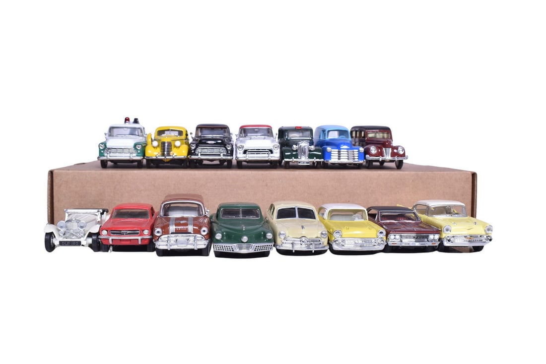 Six ERTL, seven Matchbox, one Road Champs, and one unmarked model cars, several marked 1:43 scale. (1 of 4)