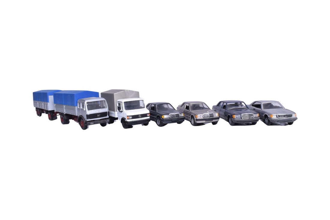 Five NZG Modelle Mercedes-Benz cars and trucks, one truck and trailer at 1:50 scale, four cars at (1 of 5)