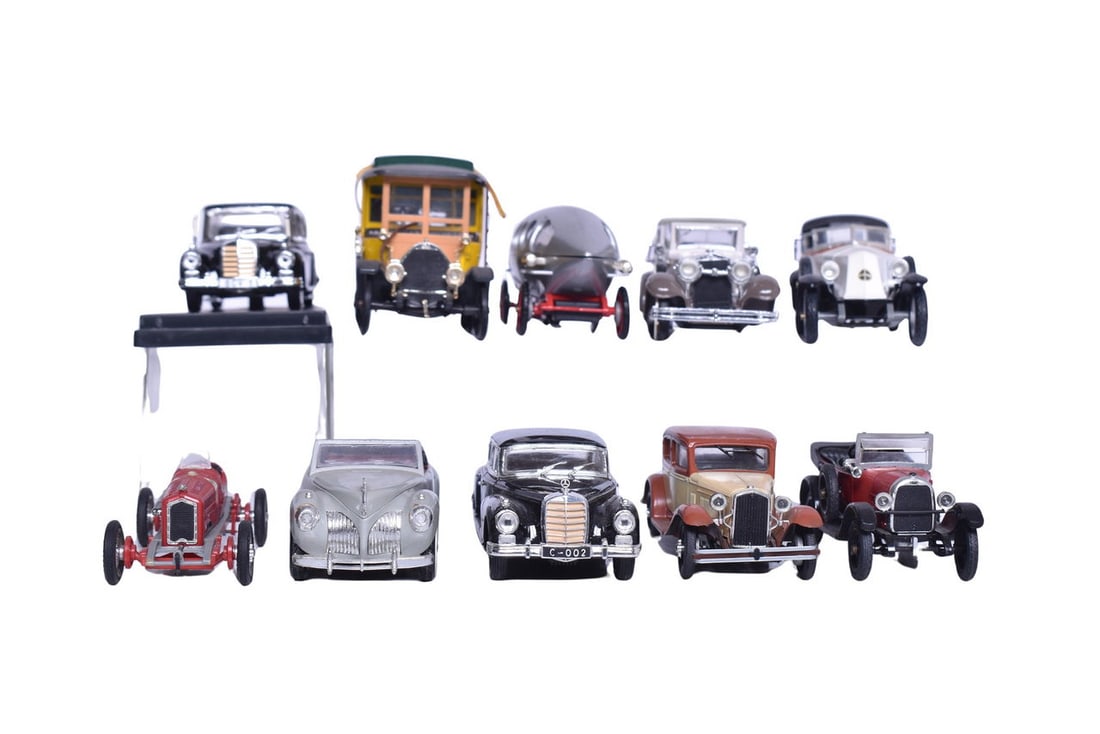 Eight Rio 1:43 scale model cars. Makes of car included are two Alfa, two Fiat, Lincoln, Isotta: Eight Rio 1:43 scale model cars. Makes of car included are two Alfa, two Fiat, Lincoln, Isotta Fraschini, and two Mercedes-Benz. The Isotta is missing a wheel, and one Fiat has peeling sticker details