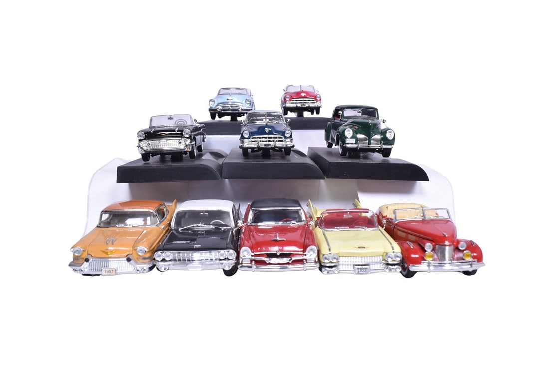 Ten Signature Models diecast 1:43 scale cars. Includes 1957 Series 62 de Ville, 1961 Cadillac, 1956: Ten Signature Models diecast 1:43 scale cars. Includes 1957 Series 62 de Ville, 1961 Cadillac, 1956 Plymouth, 1939 Lincoln, 1957 Chevrolet, 1959 Eldorado, two 1949 Cadillacs, 1953 Buick, and a 1940 Ca