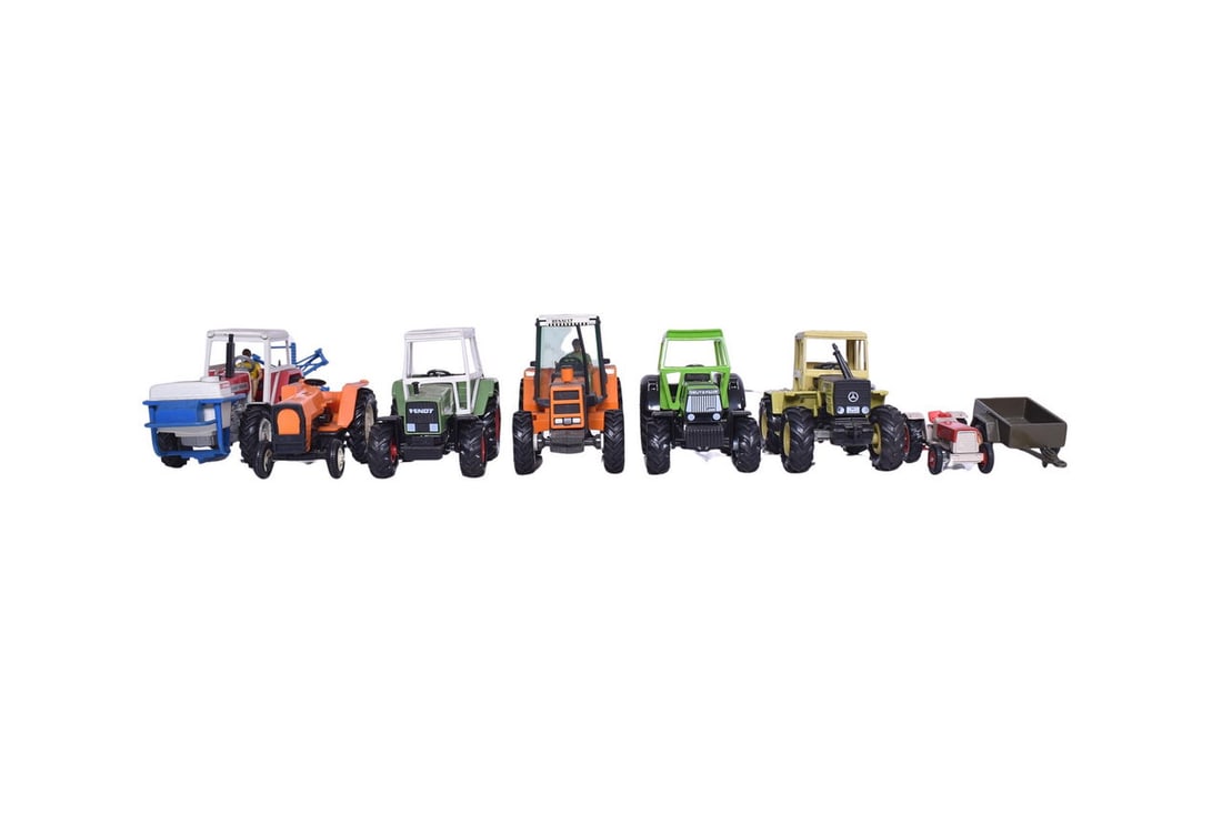 Group of eight farming toys from Britian's and Siku. Includes Massey Ferguson 2680, Renault 14514,: Group of eight farming toys from Britian's and Siku. Includes Massey Ferguson 2680, Renault 14514, Deutz DX 4.70. Fendt Farmer 308LS, and Mercedes Benz MB Trac 800. No boxes, like new to very minor we