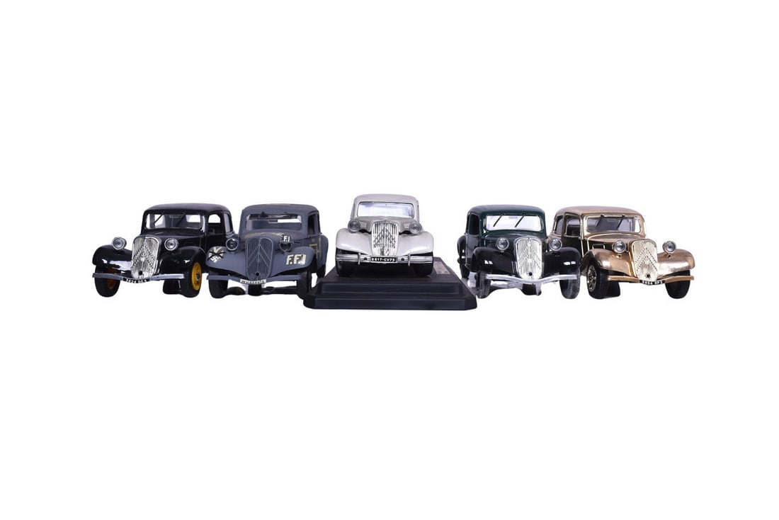 Four 1:20 scale die cast Citroen models including Elicor 11BL in black, Elicor 11BL in a gold finish (1 of 5)