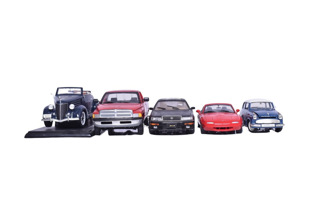 Group of 1:18 scale die cast cars including Revell Alexander TS, 92038 Lexus LS 400, Ertl Dodge Ram (1 of 4)