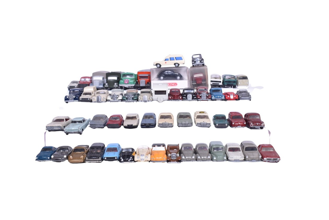 About fifty Wiking model cars, with no clear scale indication but the largest is 3 1/4" long, (1 of 3)