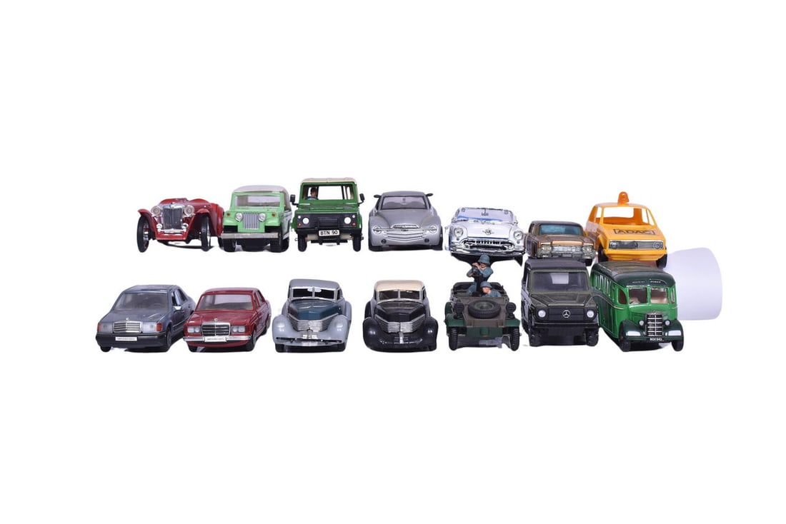 Fourteen model cars, all 1:32 scale or similar. Model makers spotted include Britains Ltd., Corgi, (1 of 3)