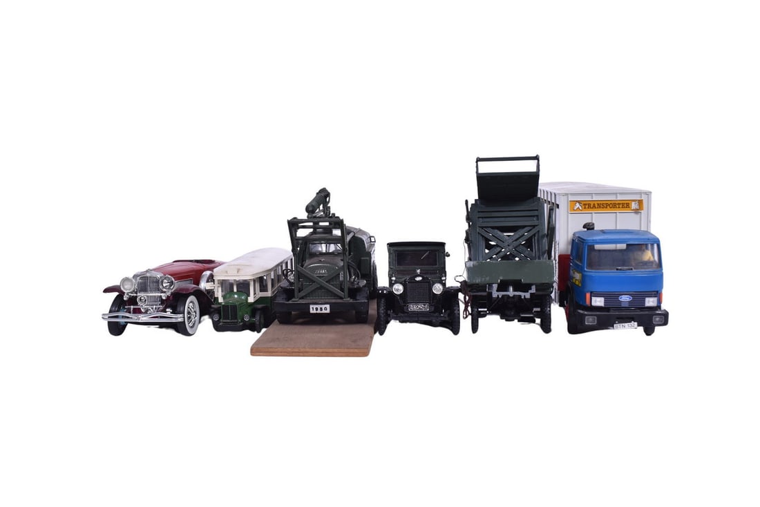 Five larger model cars, the longest measuring about 11 1/4". Includes Britains Ltd. Magirus Deutz (1 of 3)